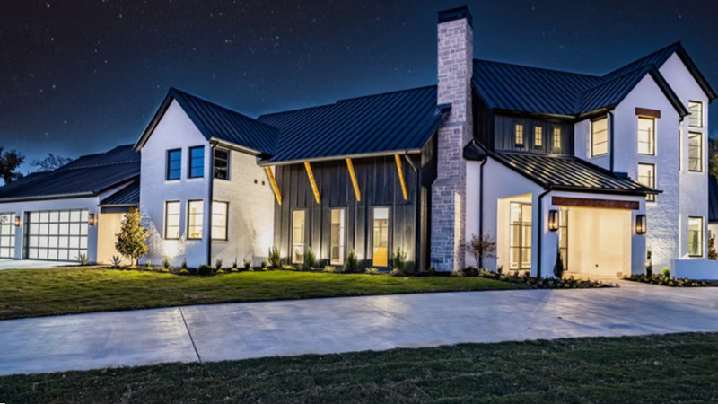 A home with outdoor lights on