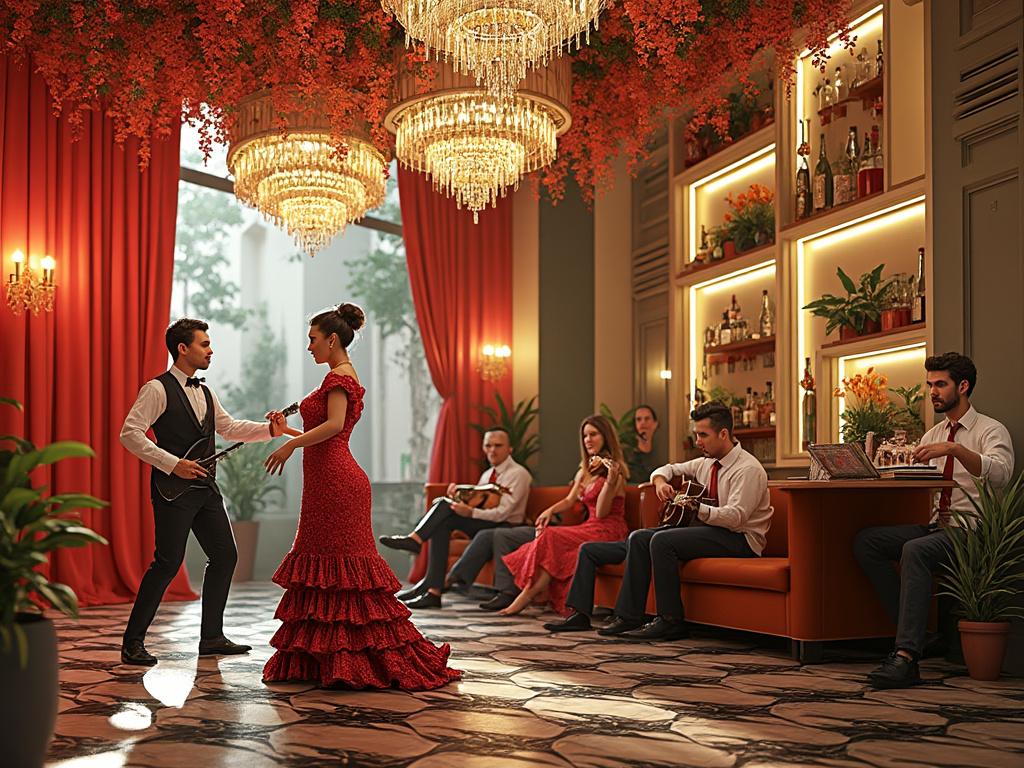 Pareja bailando flamenco en un elegante salón con músicos en vivo, rodeados de iluminación cálida y decoración floral.