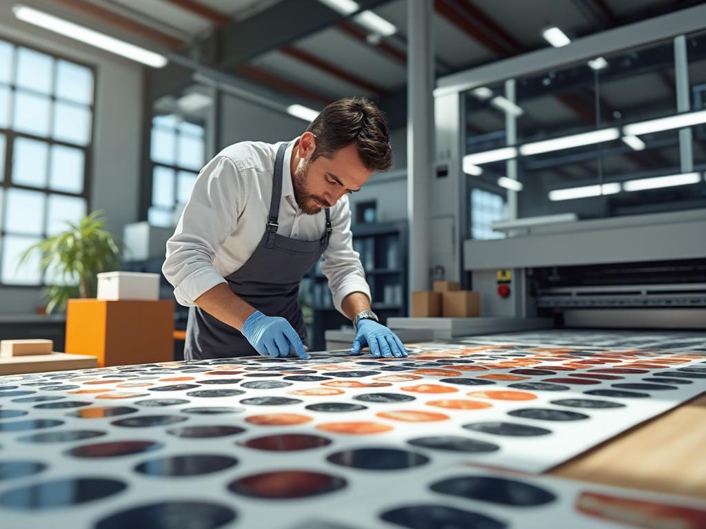 Hombre trabajando en una imprenta, revisando patrones de color en hojas de papel, usando guantes azules dentro de una fábrica moderna.