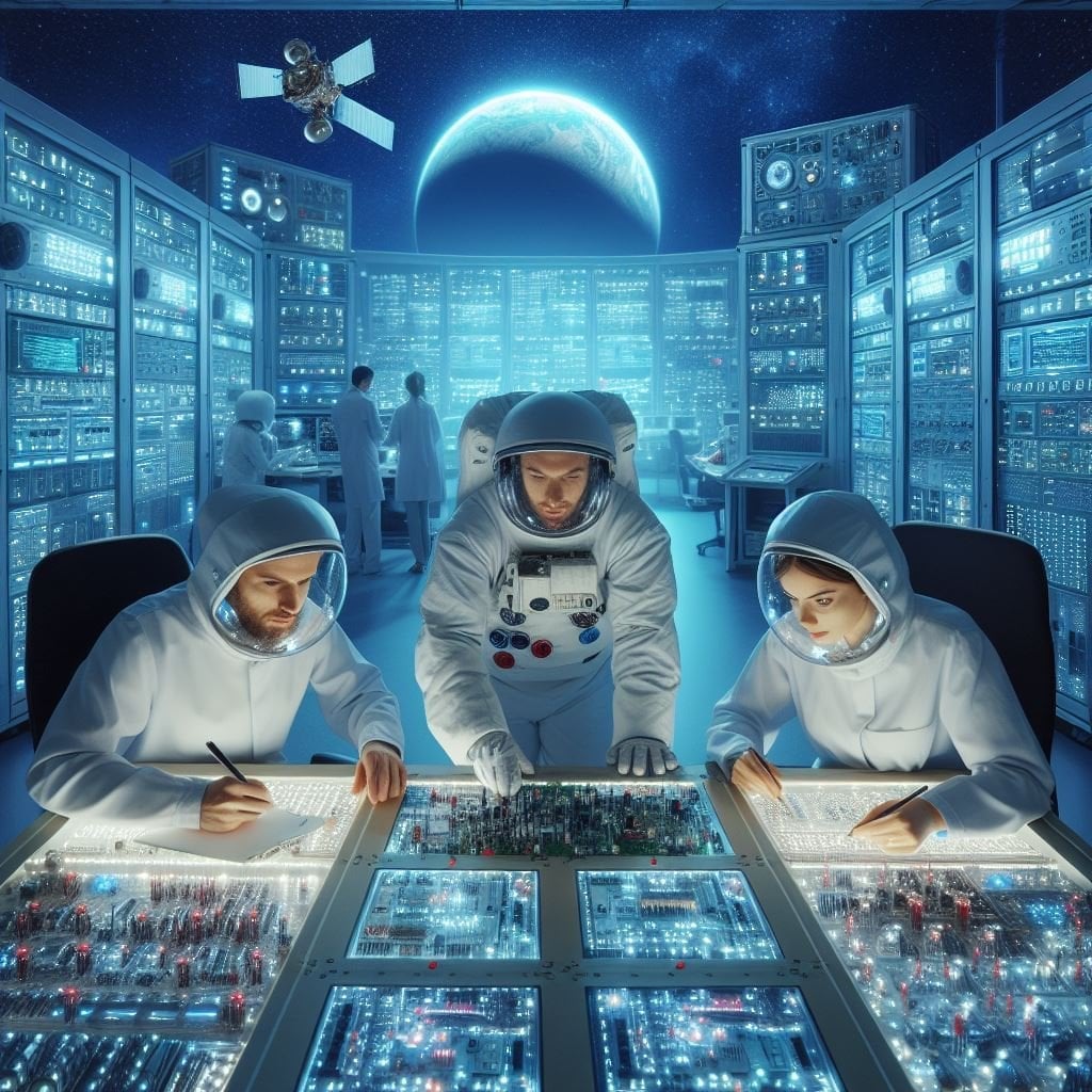 Astronautas trabajando en una sala de control futurista con el planeta Tierra de fondo.