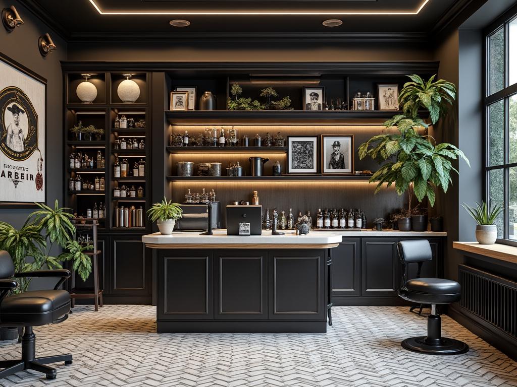 Modern barbershop interior with dark shelves, plants, and framed photos, featuring a stylish counter and barber chairs.