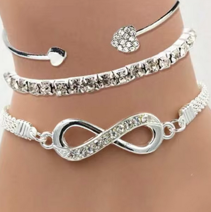 Vintage Set Silver Color Crystal Rhinestone Heart Bracelets for Women Fashion Geometric Adjustable Infinity Cuff Bangle Jewelry