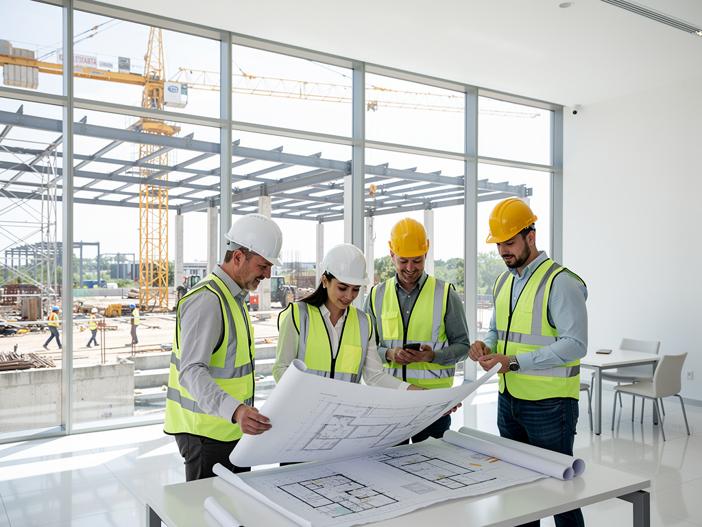 Equipo de arquitectos e ingenieros con cascos y chalecos revisando planos en obra de construcción moderna