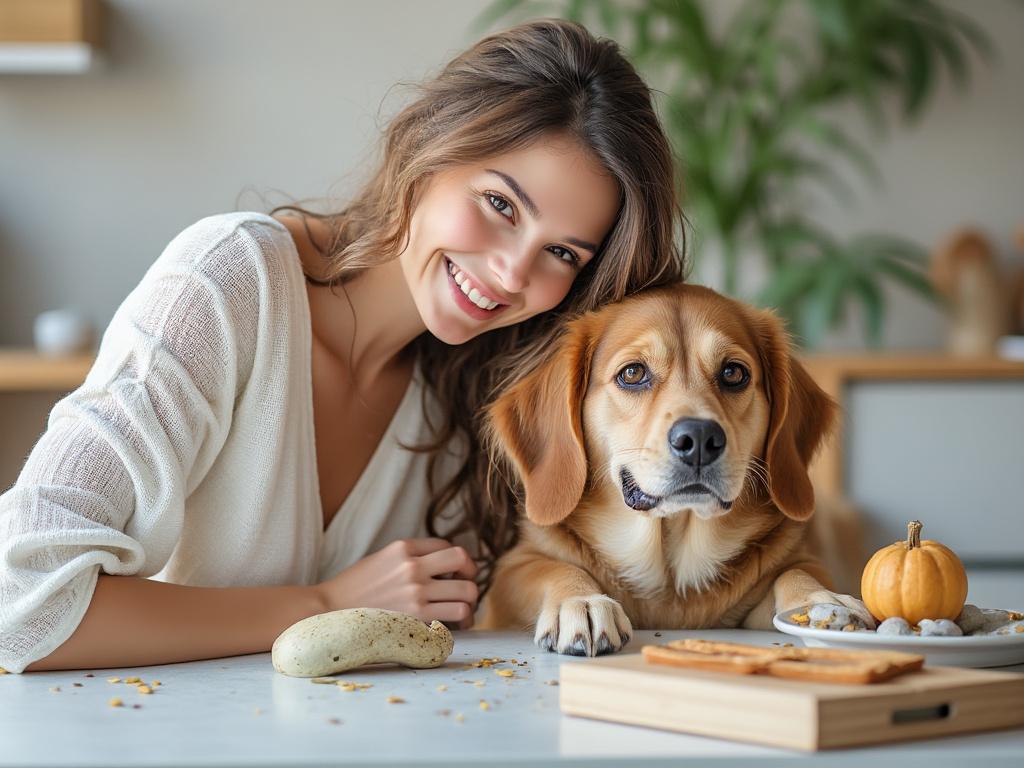 Mujer sonriente con perro beagle en una cocina, junto a calabaza y galletas.