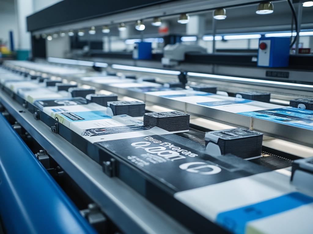 Línea de producción de empaques en una fábrica moderna con iluminación industrial.