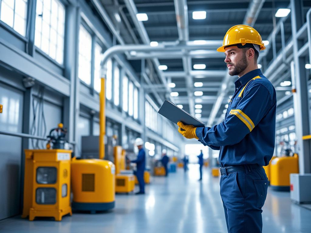 Trabajador de fábrica con casco amarillo y uniforme azul usando una tablet en un entorno industrial moderno.