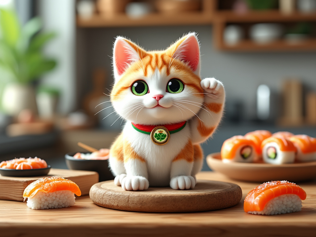 Gatito animado de color naranja y blanco saludando, rodeado de sushi en una mesa de madera.