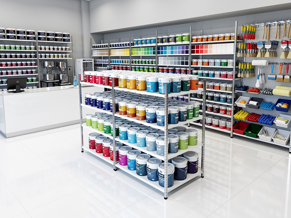 Tienda de pinturas con estanterías llenas de botes de pintura, muestras de color y herramientas para pintar Tienda de pinturas con estanterías llenas de botes de pintura, muestras de color y herramientas para pintar