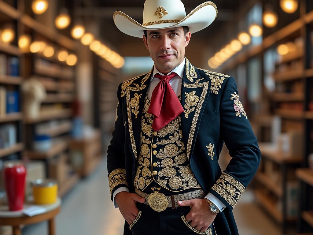 Hombre vistiendo traje charro elegante con sombrero blanco en un entorno iluminado.