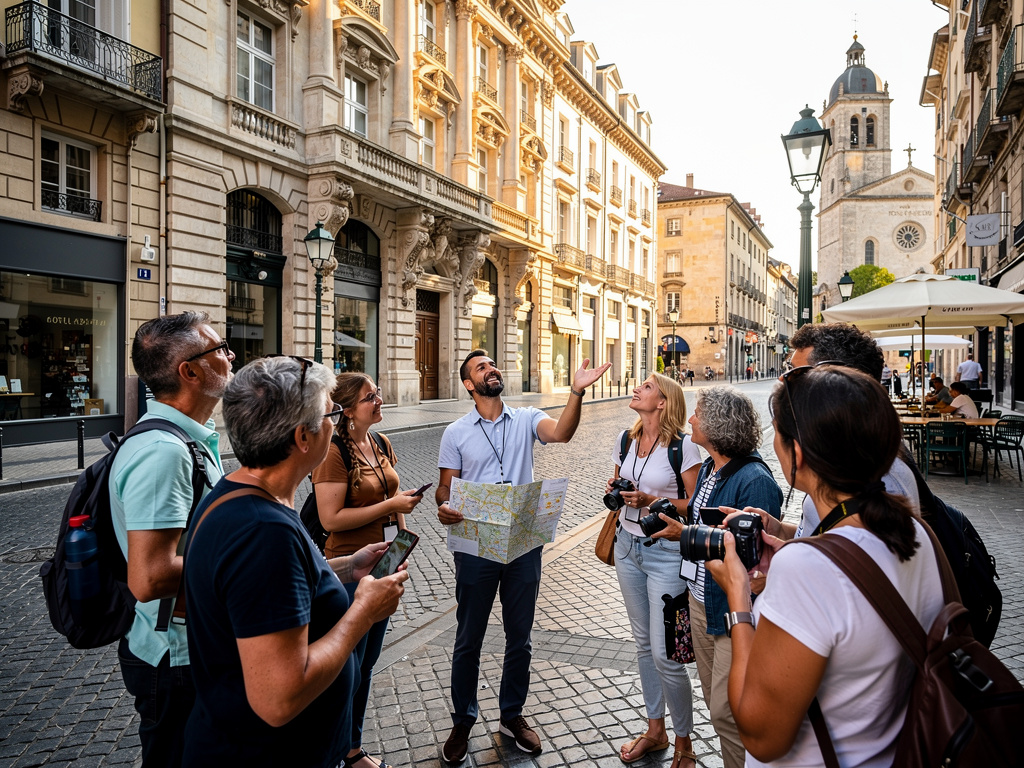 Guía turístico mostrando edificios históricos a un grupo de viajeros en una calle europea