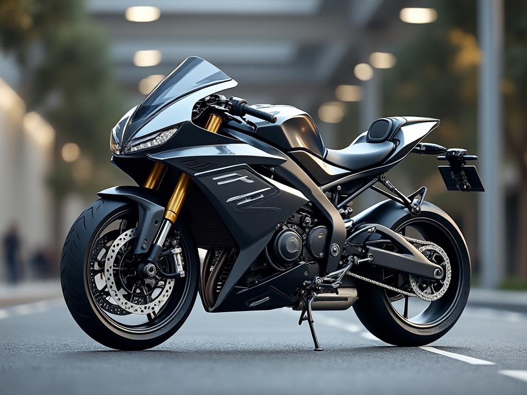 Motocicleta deportiva negra elegante en una calle urbana, con diseño aerodinámico y suspensión dorada.