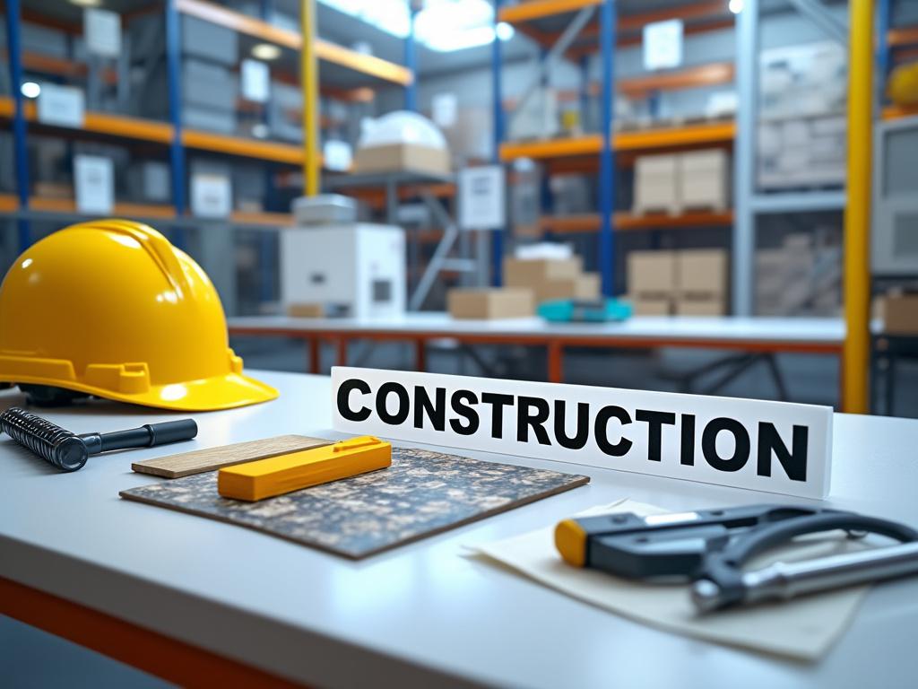 Casco de seguridad amarillo y herramienta en una mesa de construcción, almacén al fondo.