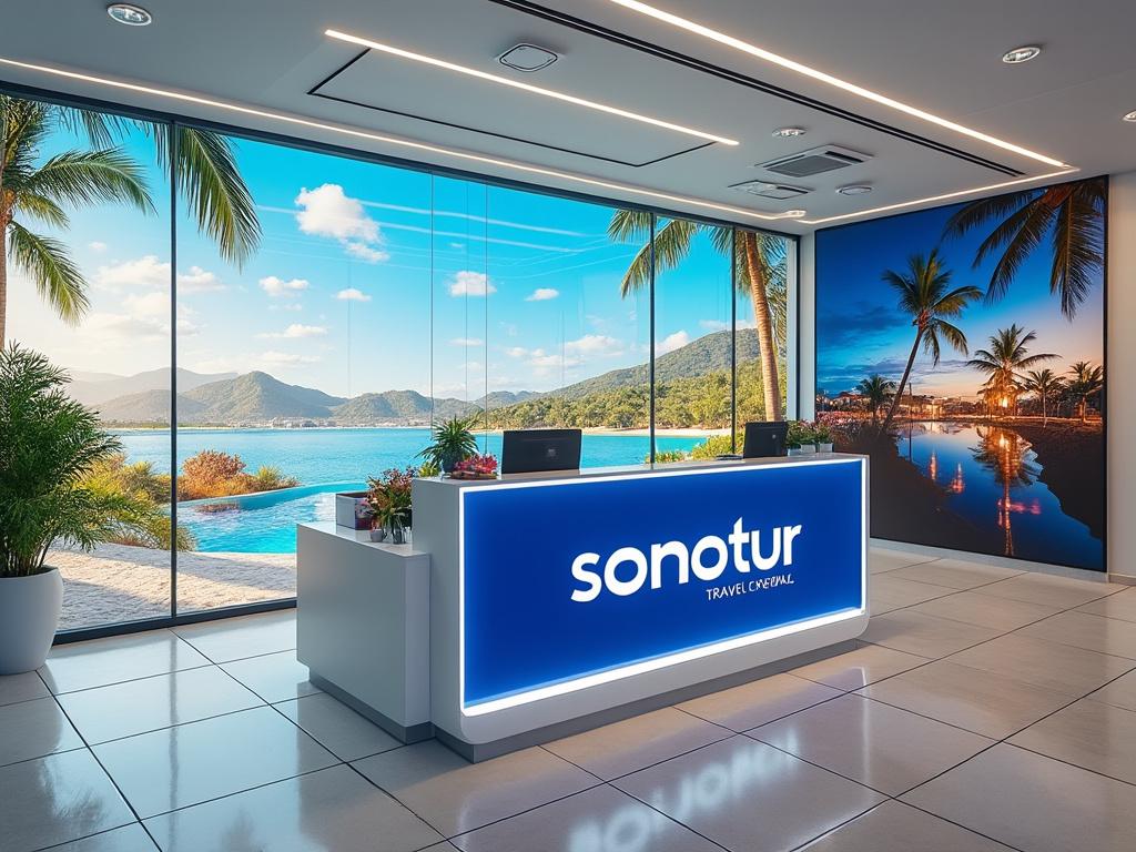 Recepción moderna de agencia de viajes con vista panorámica de playa tropical y palmeras.