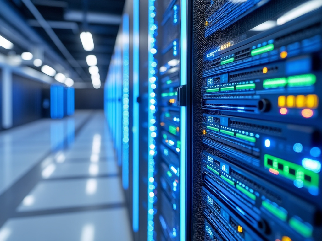 Modern data center server racks with blue LED lights in a clean, well-lit environment.