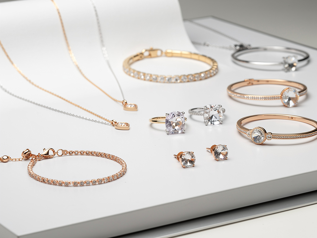 Colección de joyas elegantes con pulseras, collares, anillos y pendientes con piedras brillantes en oro rosa, dorado y plata Colección de joyas elegantes con pulseras, collares, anillos y pendientes con piedras brillantes en oro rosa, dorado y plata