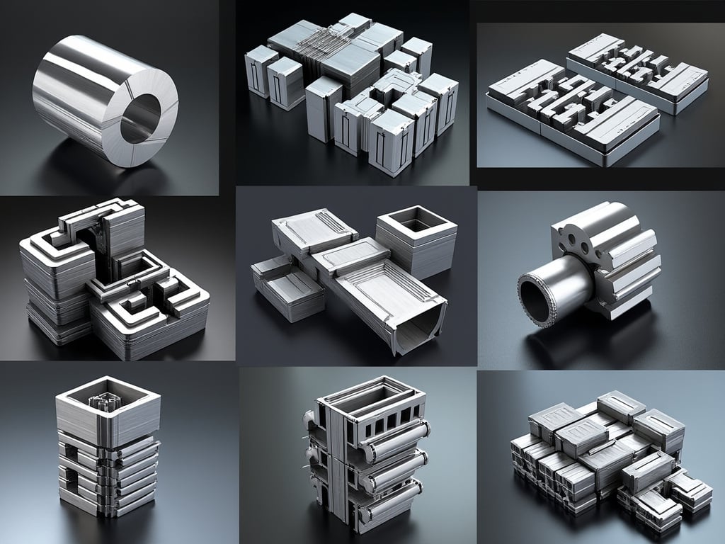 Collage of shiny silver metal 3D printed industrial parts and precision machined components on a dark background