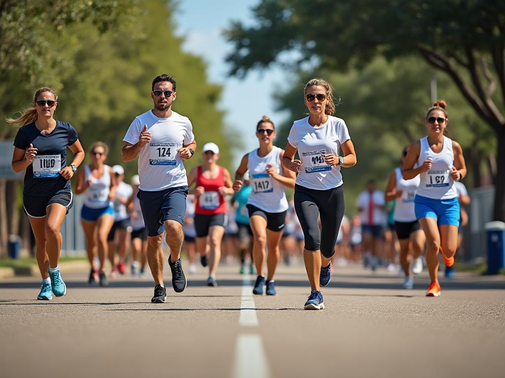 Group of runners participating in an outdoor marathon on a sunny day, wearing athletic attire and race bibs, with trees lining the street in the background.