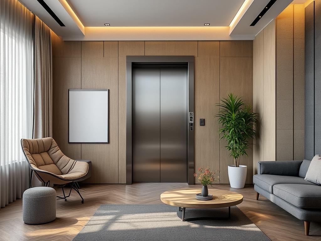 Modern living room with wood accents, featuring an elevator, armchair, ottoman, sofa, indoor plants, and a coffee table.