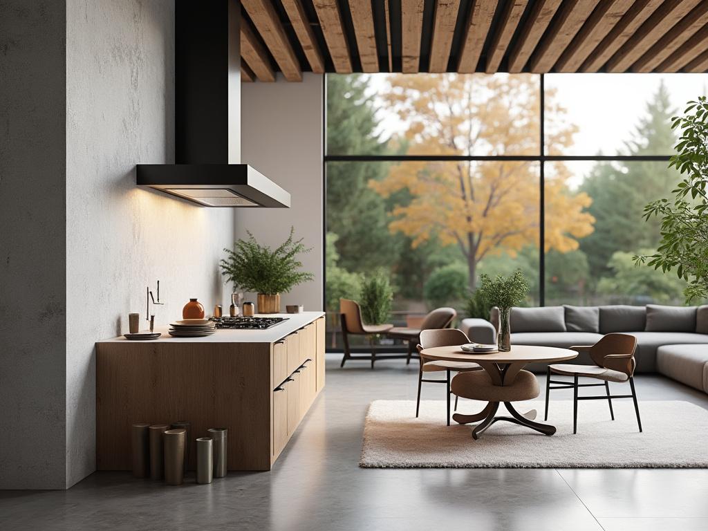 Modern open-plan living space with a wooden kitchen island, stylish dining area, large windows, and outdoor view of autumn trees.