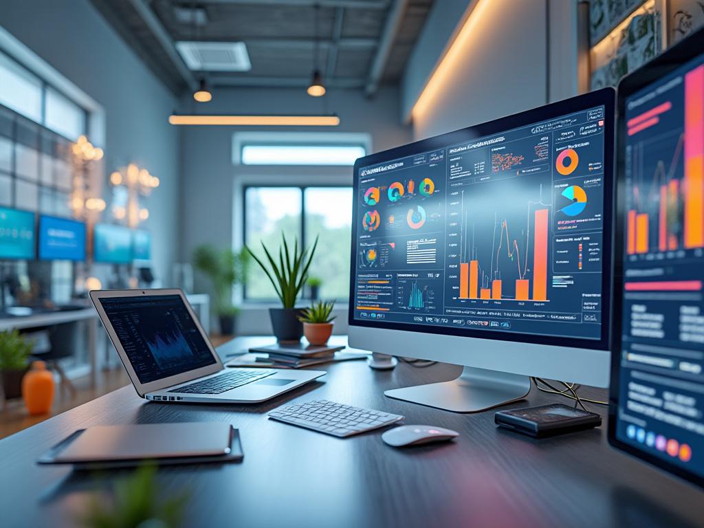 Modern office with large computer screens displaying vibrant data analytics charts on a desk with a laptop, keyboard, mouse, and indoor plants.