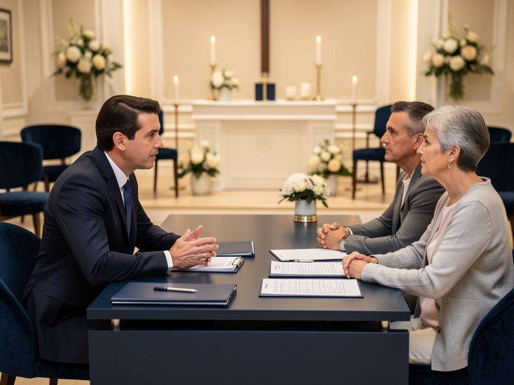 Asesor funerario reunido con una pareja mayor en una capilla elegante para planificar un servicio con documentos y flores
