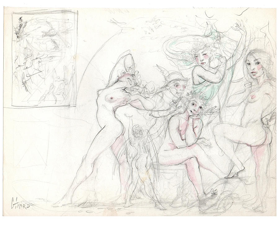 The Judgment of Paris. Pencil on paper. 10.7” x 8.3" 
Artist: William Girard
Of the many versions I've seen, this is the funniest. Paris of Troy, a shepherd, must choose the loveliest of three goddesses from Mt. Olympus, completing for a golden apple addressed to "the fairest" (by the goddess of discord, Eris.) Poor guy!
There is a hidden irony here for those familiar with the role played by Aris K., the former head of the Painting Department and later chair of the Fine Arts Department, at the institution where the artist taught for 30 years. 
A written comment about the artist,  by Aris, appears in the William Girard: Comments About... page