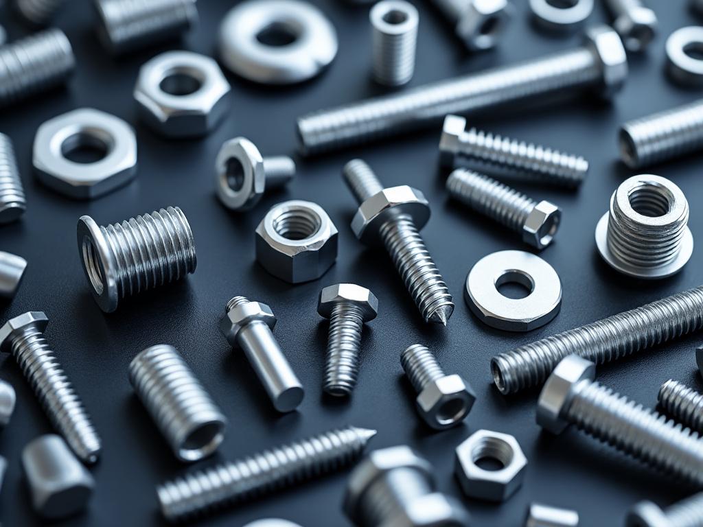 A collection of various metallic bolts, nuts, and washers on a dark surface.
