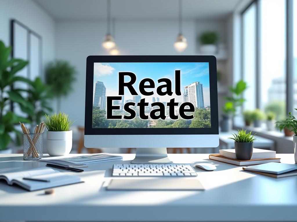 Oficina moderna con escritorio blanco, computadora pantalla con texto 'Real Estate' y vista de edificios tras la ventana.