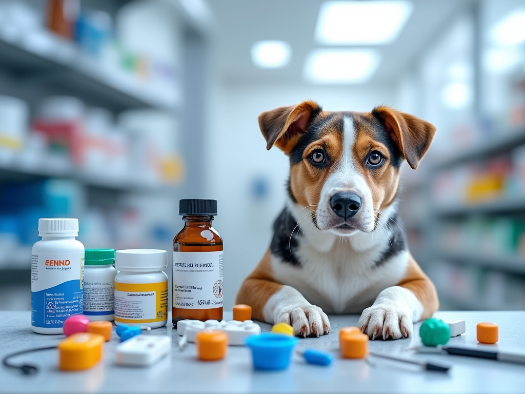 Perro en una clínica veterinaria con medicamentos y suministros en una mesa.