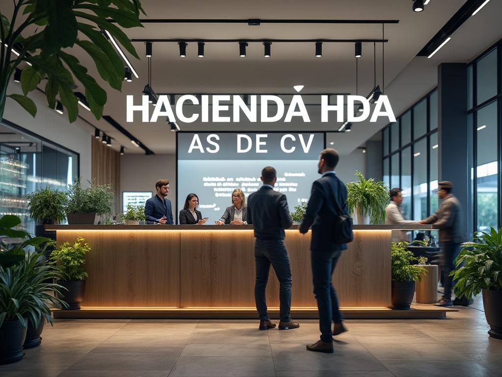 Recepción moderna con personal atendiendo a clientes, plantas decorativas alrededor y un gran letrero de 'HACIENDA HDA AS DE CV' iluminado.
