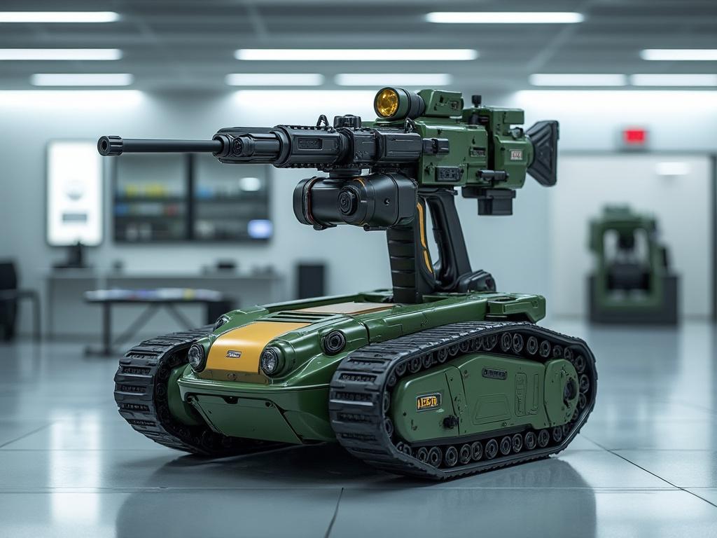 Remote-controlled military robot with caterpillar tracks and mounted weapon in a modern indoor environment.