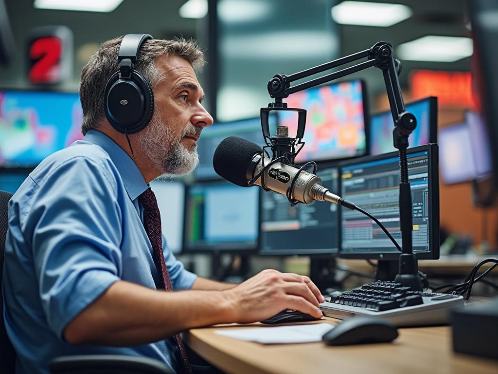 Hombre con auriculares hablando en un micrófono en un estudio de radio, rodeado de pantallas de computadora.