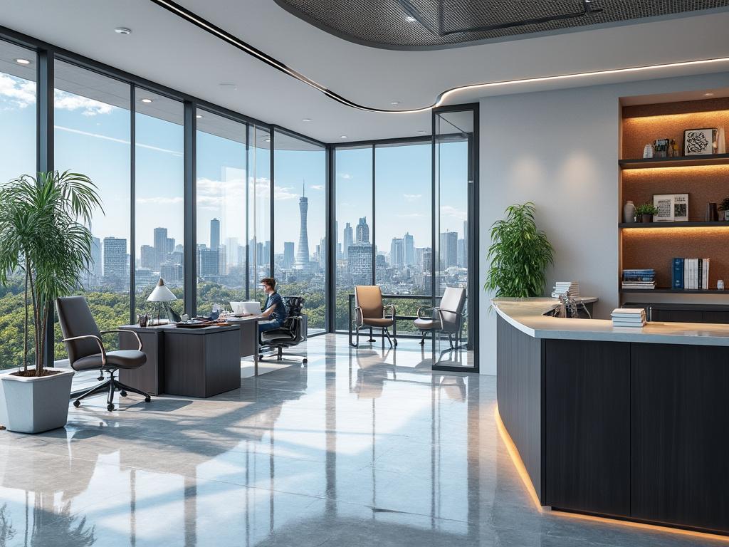 Modern office with floor-to-ceiling windows, city skyline view, and contemporary furnishings.