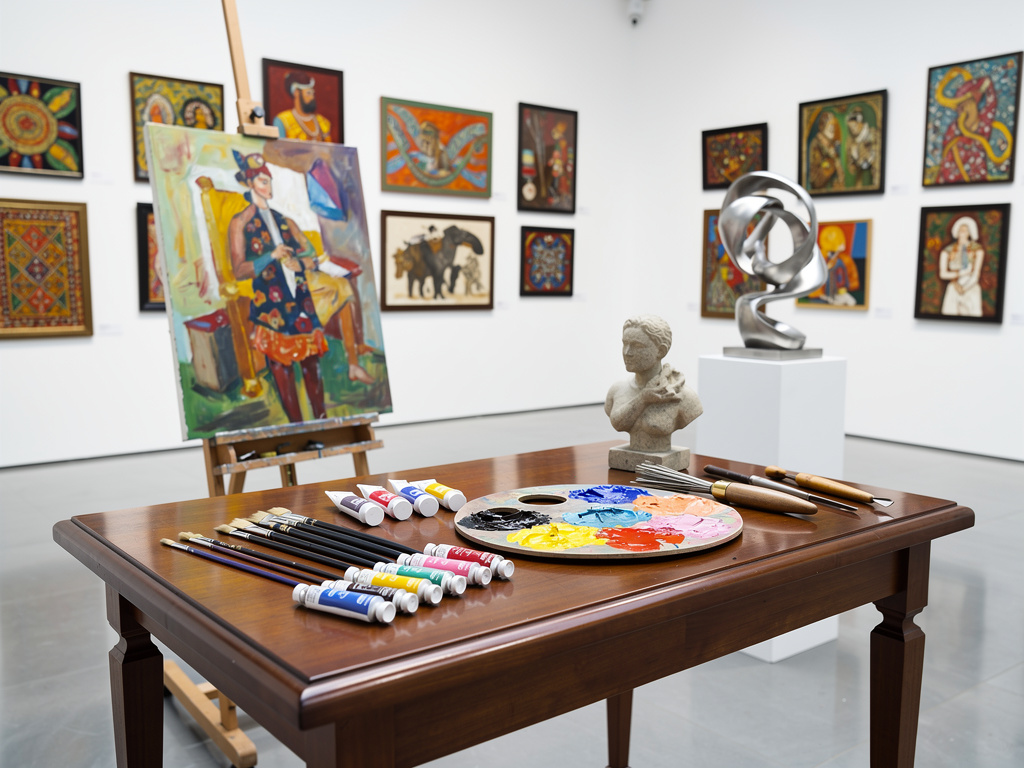 Mesa de artista con pinturas, pinceles y paleta en galería de arte contemporáneo con cuadros y esculturas