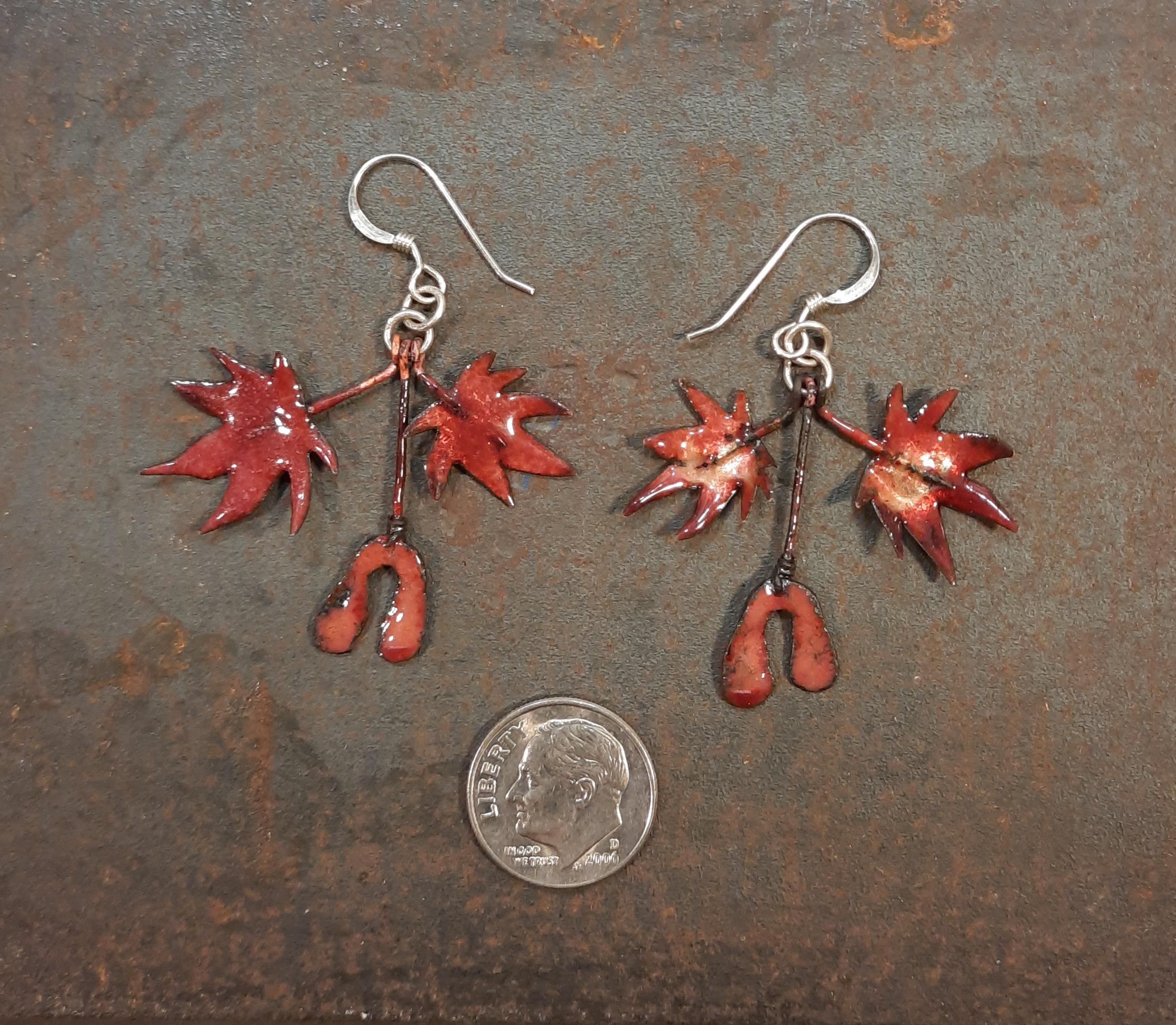 JE009 DOUBLE MAPLE LEAVES WITH SEEDS Copper Enamel with sterling earwires private collection