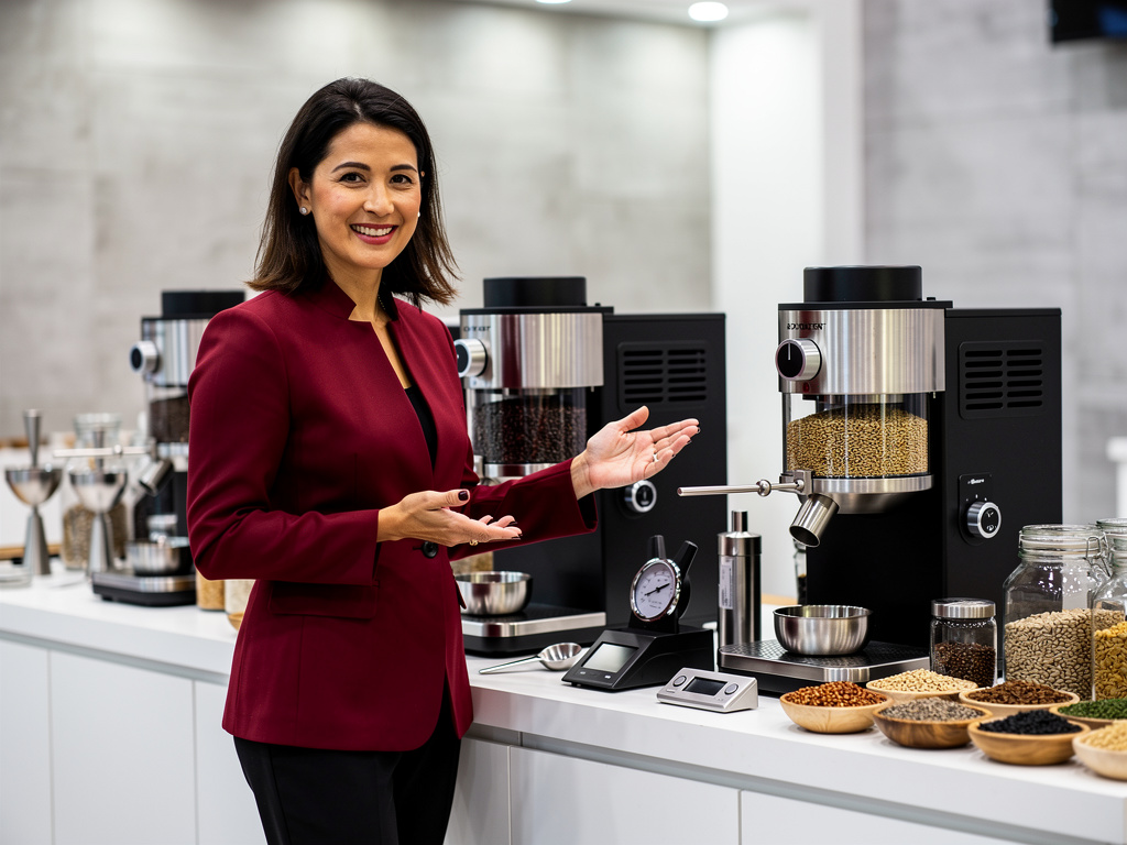 Smiling woman presenting professional coffee roasting machines and assorted coffee beans in a modern showroom