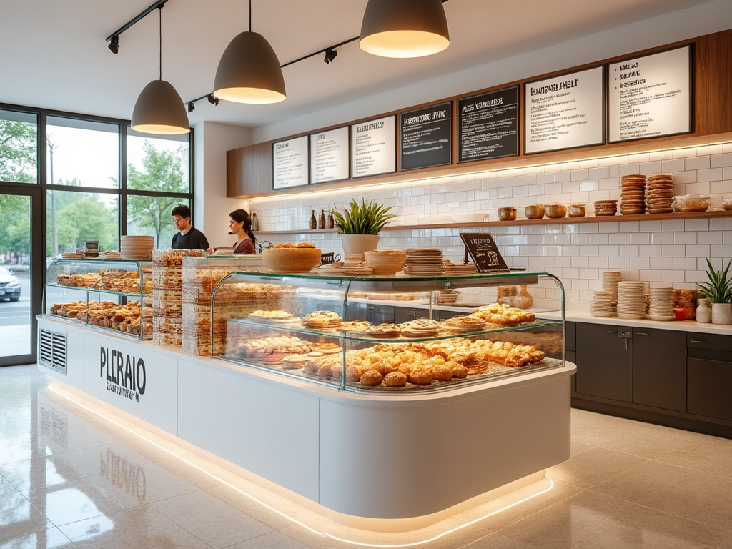 Interior de una panadería moderna con vitrinas llenas de productos horneados frescos, como panes y pasteles, con dos personas trabajando detrás del mostrador.