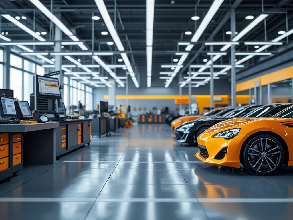 Interior de un taller mecánico moderno con coches deportivos naranjas y negros alineados, equipamiento tecnológico en primer plano, y techo con iluminación industrial.