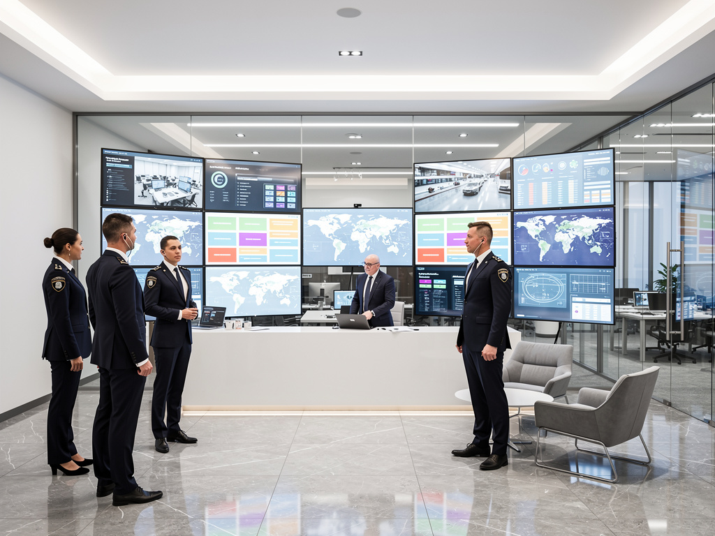 Equipo de seguridad en centro de control moderno con pantallas de vigilancia, mapas y datos en tiempo real