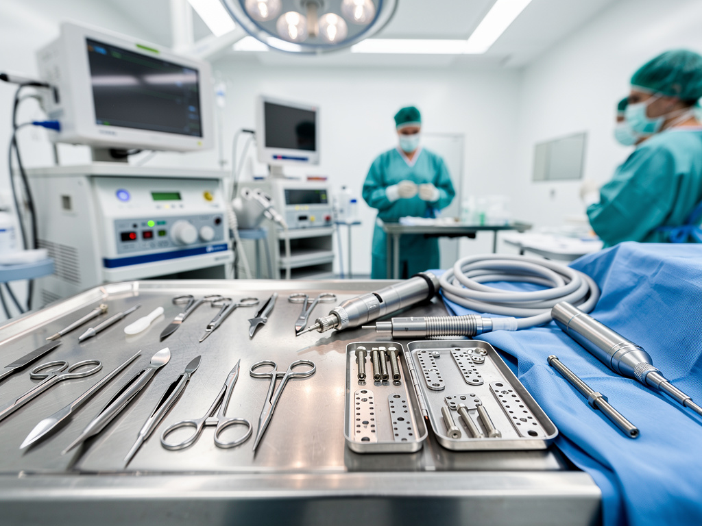 Instrumental quirúrgico esterilizado sobre mesa en quirófano moderno con personal médico y equipos de monitorización