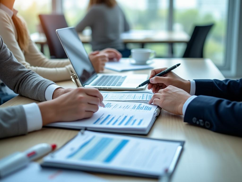 Reunión de negocios con personas trabajando en documentos y laptop en una oficina moderna. Reunión de negocios con personas trabajando en documentos y laptop en una oficina moderna.