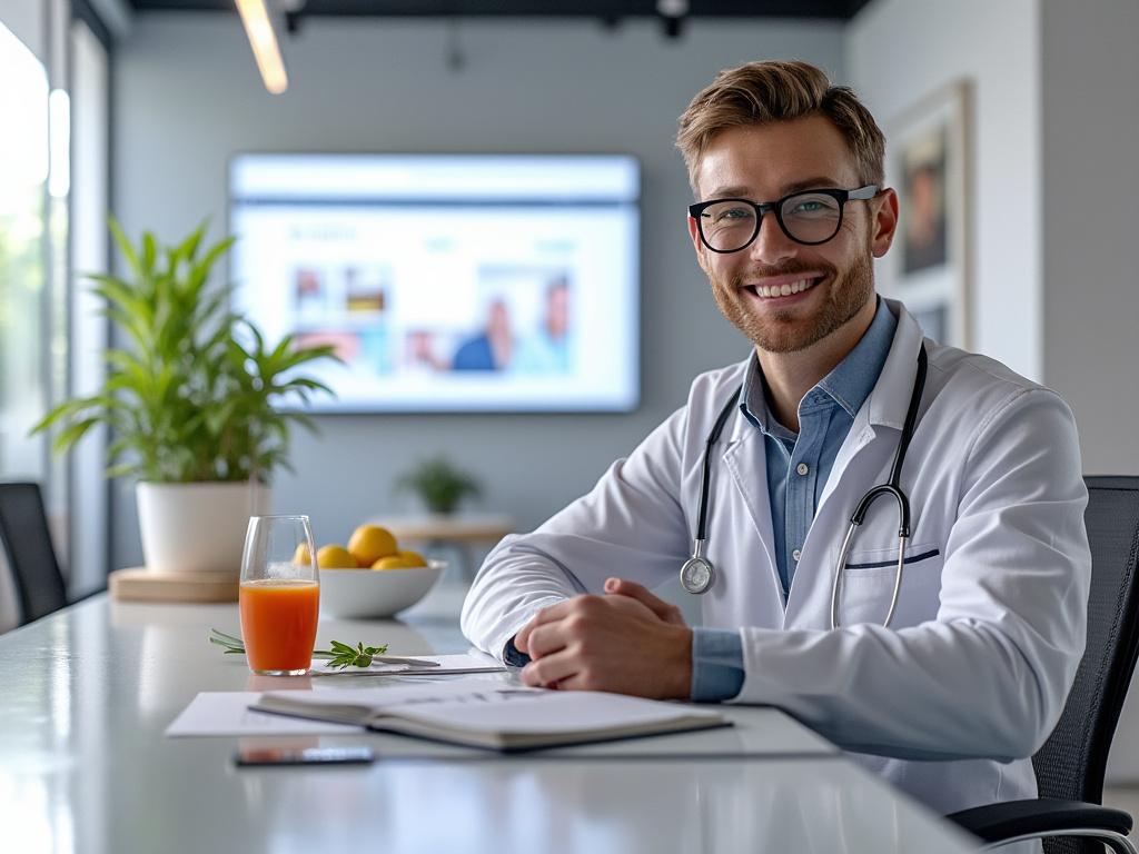 Smiling male doctor with glasses sitting at a modern office desk with juice and plant.
