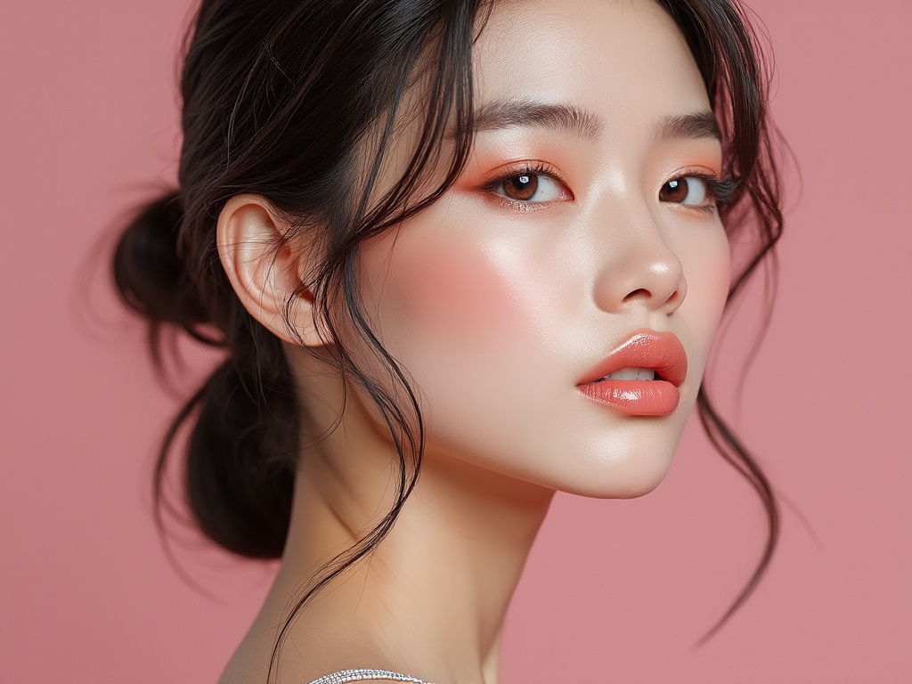Portrait of a woman with dewy skin, pink blush, and coral lipstick against a pink background.