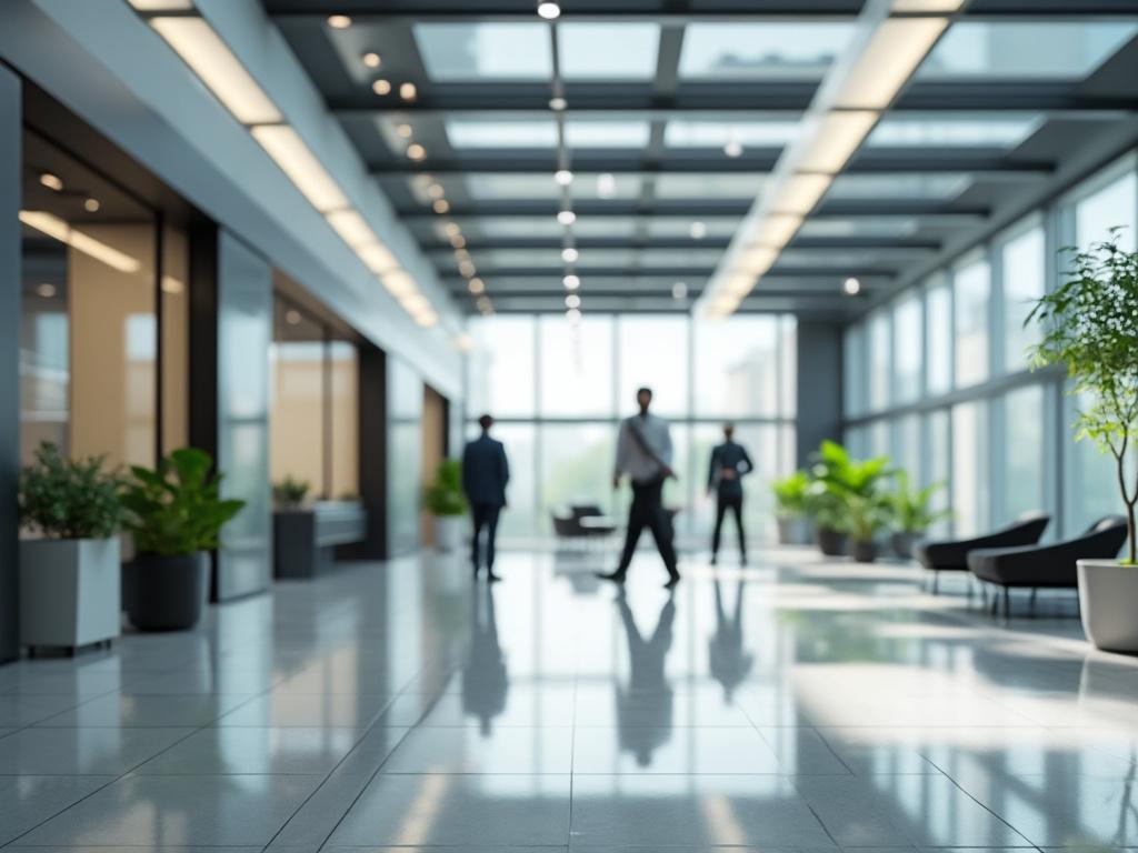 Vestíbulo moderno con planta y personas caminando, luz natural a través de ventanas grandes.