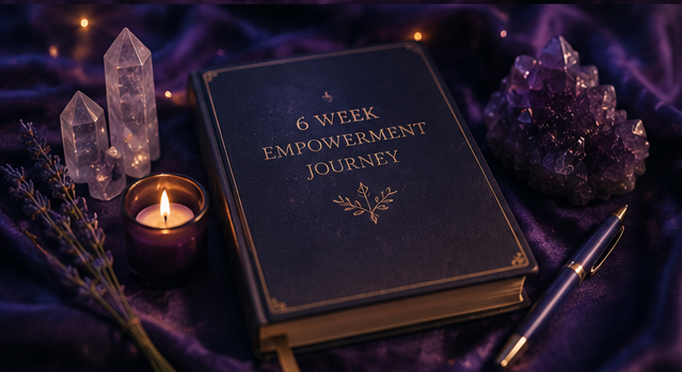 Book, crystals, and candle.
