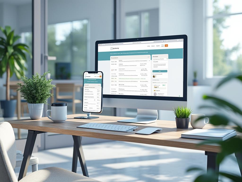 Mesa de oficina moderna con computadora y teléfono móvil mostrando una plataforma digital, rodeada de plantas y artículos de papelería.