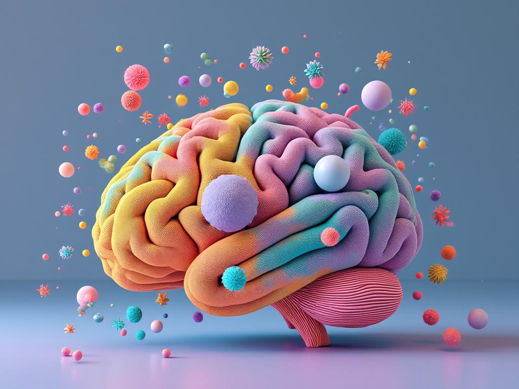 Colorful abstract brain with floating spheres and shapes on a blue background.