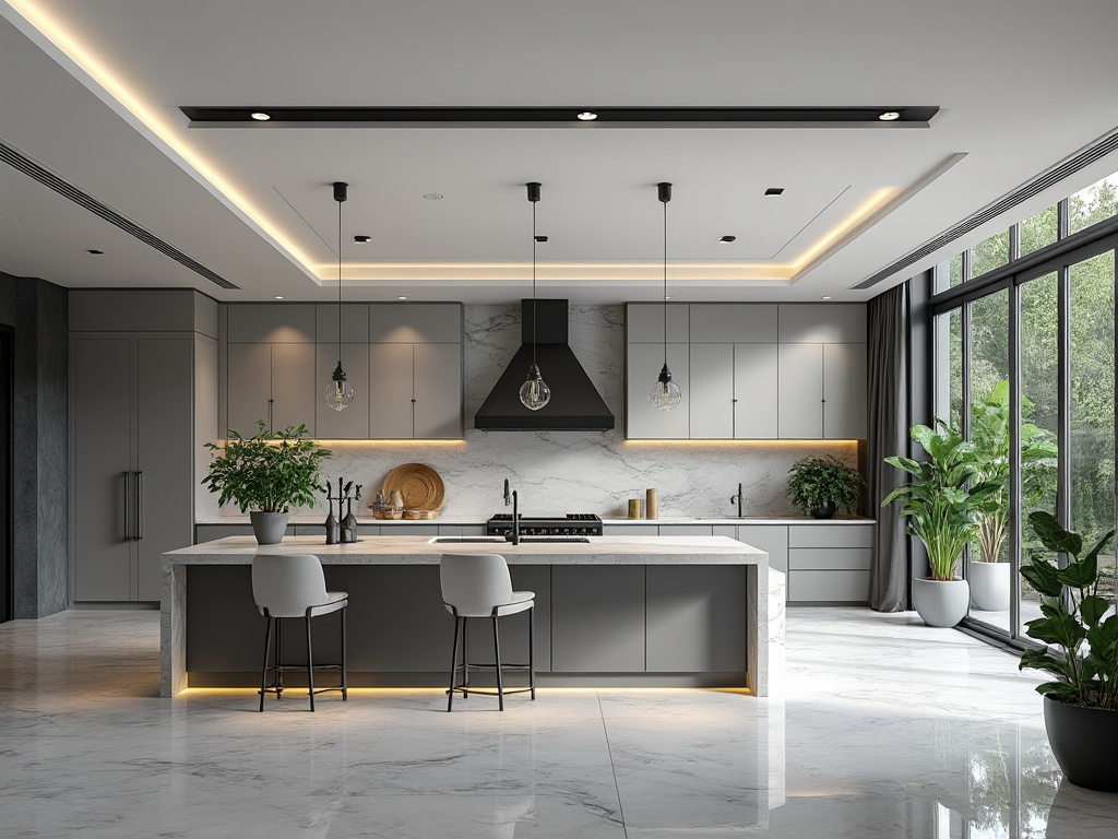 Moderna cocina con isla central de mármol, luces colgantes y grandes ventanas con vista a jardín exterior. Moderna cocina con isla central de mármol, luces colgantes y grandes ventanas con vista a jardín exterior.