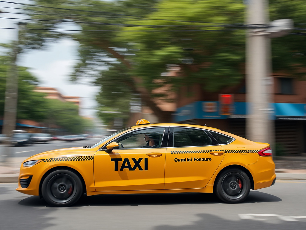 Taxi amarillo circulando por una avenida urbana con árboles y edificios desenfocados Taxi amarillo circulando por una avenida urbana con árboles y edificios desenfocados