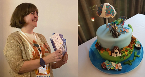 Susan with her books at the Mass Book Launch, SCBWI Conference, Manchester 2022 and right the Mass Book Launch cake featuring launching authors and illustrators book covers.